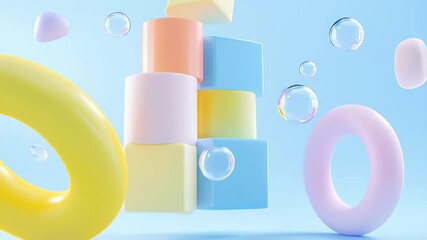 Poster - Abstract Pastel Geometric Shapes Featuring Cubes Cylinders and Spheres Floating on a Light Blue Background in a Clean Minimal Style