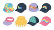© Svitlana - Festival Hat Concepts Concept isometric set. Tie-dye bucket hat, LED light cap, flower crown beanie, rainbow patch cap, glittered visor, fringe-decorated