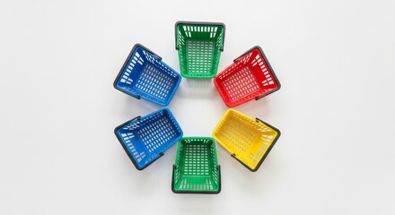 Colorful Plastic Shopping Baskets Arranged in a Circle on White Background