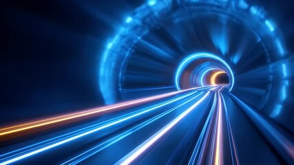 Poster - Abstract Blue and Orange Light Streaks in a Futuristic Tunnel with Metallic Walls and Geometric Design for High Speed Transportation