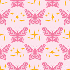 Pink seamless pattern in cartoon flat style with cute pink butterfly and tiny stars on soft background.