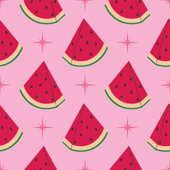 Pink seamless pattern with watermelon slice and star in cartoon flat style, arranged in polka dot order on light pink background.