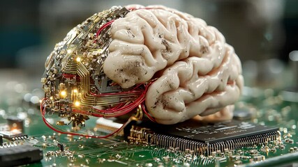 Poster - Cybernetic human brain integrated with complex circuits and glowing wires on a motherboard