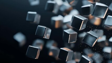 Poster - Metallic Cubes Floating in Abstract Space with Reflections and Subtle Golden Particles on a Dark Background