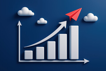 Poster - Business performance improves steadily as growth indicators rise symbolized by an ascending arrow and soaring paper plane in a modern digital chart