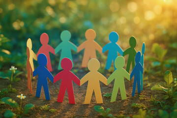 Poster - Collaboration and drive community strength as diverse figures connect in a amid natural light and growth