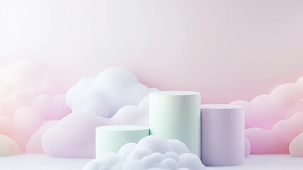 Poster - Pastel Cylinder Pedestals with Dreamy Clouds in Soft Colors a 3D Rendered Scene for Product Display and Presentation Minimal Background Platform Mockup