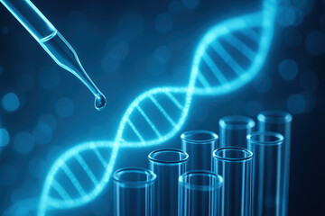 Poster - Innovation drives progress as a pipette releases liquid above test tubes highlighting DNA research and scientific development