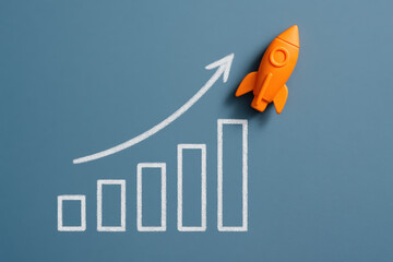 Poster - Growth and progress are symbolized by an ascending bar chart and a bright rocket illustrating upward momentum in business development