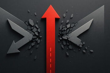 Poster - A red arrow breaks through barriers as two grey arrows diverge symbolizing breakthrough and progress in business direction