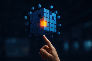 Poster - A dynamic interaction showcases a initiating change as smaller blue cubes fragment symbolizing innovation and strategy in business evolution
