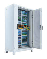 Poster - an isometric view of a pristine white server rack cabinet with subtle blinking status leds front door open showing neatly organized colored cables isolated on a pure white background minimal shadows m