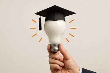 Poster - A holds a light bulb wearing a graduation cap symbolizing innovation knowledge and achievement in education and business