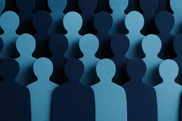 Poster - This abstract representation overlapping paper silhouettes symbolizes and collaboration within a structured group dynamic in business settings