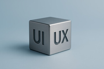 Poster - A sleek metallic cube with engraved UI and UX letters represents the integration user interface and experience design in business strategy