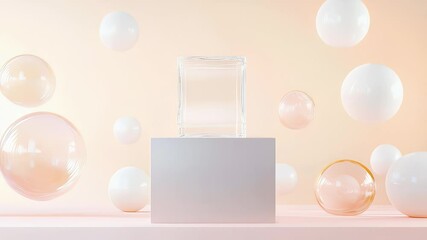 Poster - Elegant Still Life with Transparent Cube on Gray Stand Against Pastel Peach Background Surrounded by White and Translucent Spheres with Soft Lighting