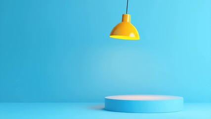 Poster - Minimalist Presentation Stage with Blue Background Yellow Lamp and Soft Lighting for Product Showcase and Interior Design in Clean Modern Style
