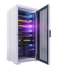 Fototapete - an isometric view of a pristine white server rack cabinet with subtle blinking status leds front door open showing neatly organized colored cables isolated on a pure white background minimal shadows m