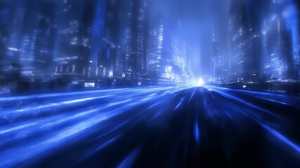 Poster - abstract blue cityscape with blurred lights in a futuristic motion background with high speed and tu