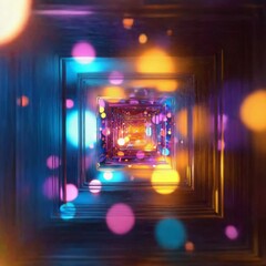 Poster - Explore vibrant lights and colors swirling in a mesmerizing tunnel of geometric shapes and patterns in this captivating visual experience