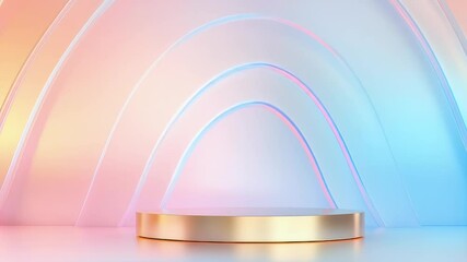 Poster - Elegant Golden Product Podium Display with Pastel Rainbow Arches Geometric Backdrop in a Minimalist Studio Setting
