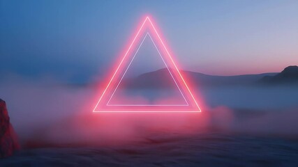 Poster - Glowing Pink Neon Triangle Illuminates Foggy Landscape Scene With Geometric Abstract Mountains And Dreamy Atmosphere At Dusk