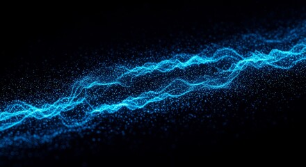 Poster - Abstract Blue Particle Wave - Glowing blue particles form a wavy pattern on a black background. Perfect for technology, energy, or science concepts