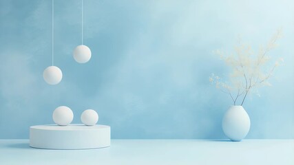 Poster - Minimalist Interior with Pastel Blue Wall Cylinder Podium White Spheres Hanging Lights and Floral Vase in a Modern Elegant Design