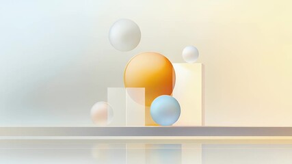 Poster - Abstract 3D Render with Pastel Spheres and Transparent Cubes in Minimalist Geometric Composition Against a Gradient Background for Product Display