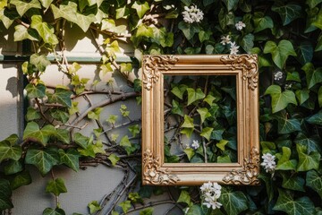 Poster - A photograph of an ornate, antique picture frame with intricately carved gold details resting against a vibrant wall of climbing ivy
