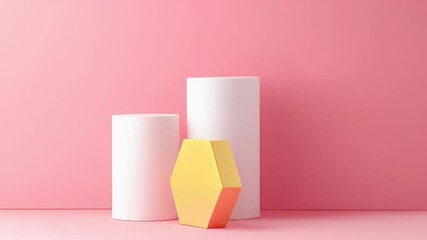 Poster - Minimalist Geometric Podium Display with Gold Hexagon Shape on Pink Background for Product Presentation and Marketing Promotion