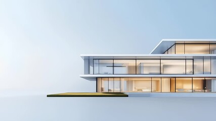 Poster - Modern Architecture Exterior with White Facade Glass Windows and Flat Roof on a Clear Day in Front of Light Blue Background Minimal Geometric Style
