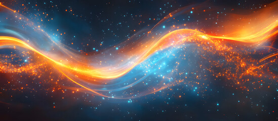 Cosmic energy waves with glowing particles in vibrant orange and blue hues