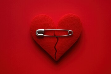 Poster - red heart-shaped pin cushion with silver pin through it, set against red background.