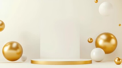 Poster - Golden and White Spheres Floating Around a Circular Podium on a Beige Background for Product Display and Presentation Platform