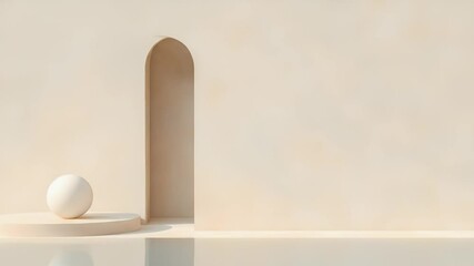Poster - Minimalist Beige Geometric Composition with Sphere and Arch Display Surface in Modern Studio With Soft Lighting and Neutral Background