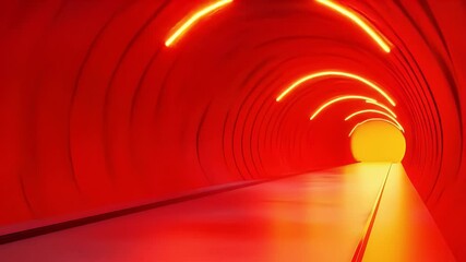 Poster - Illuminated Red Tunnel With Glowing Neon Lights Circular Structure Interior Background With Futuristic Style And Clean Perspective