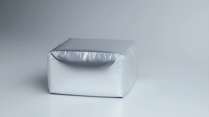 Poster - Shiny Silver Foil Cube Package on Light Background Metal Block in Studio Shot Protecting Food Drink and Ensuring Freshness Using Modern Geometric Design