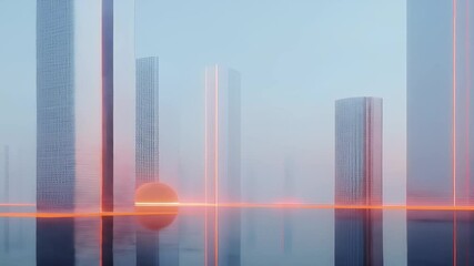 Poster - Abstract Cityscape with Geometric Buildings and Neon Lights Reflecting on a Watery Surface Under a Soft Pale Sky