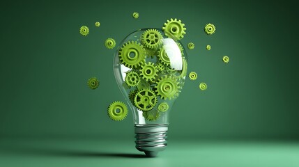 Fototapete - Light bulb with gears, ideas concept, green background