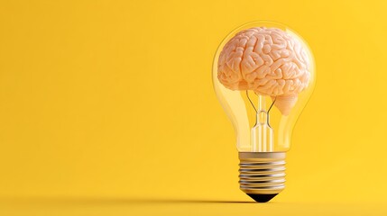 Poster - Lightbulb as brain shape yellow background, creative ideas and brainstorming concept