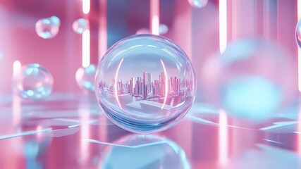 Poster - Abstract Spherical Glass Containing City Reflection with Pink and Blue Background Futuristic Geometric Architecture and Digital Art