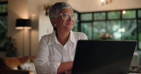 Poster - Laptop, thinking and mature woman in home office for inspiration, remote work or idea for ebook. Computer, happy freelancer and thoughts with vision, brainstorming and author with insight for story