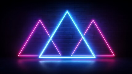 Poster - Neon light triangles, blue and purple colors, 80s and 90s concept, retro style