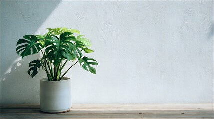 Aufkleber - Rhaphidophora tetrasperma or mini monstera, contemporary houseplants in a ceramic container, white wall for copy space, minimally innovative home design concept