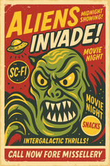 Aliens attack retro poster concept, science fiction movie festival flyer with UFO spaceship and creatures, vintage vector cinema event template