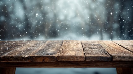 Poster - Wood table mockup with falling snow on background, empty copy space for product presentation