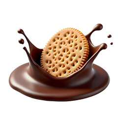 Poster - A tan cracker splashing into a pool of chocolate isolated on transparent background