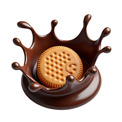 Poster - A single round biscuit falling into a splash of chocolate sauce art isolated on transparent background
