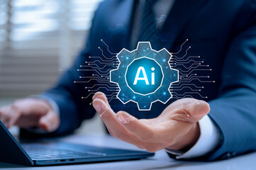 Aufkleber - AI integration in business technology concept with a businessman holding a virtual gear icon, automation systems, smart workflow processes, and enterprise innovation in digital transformation
